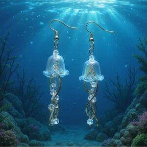Gold and Blue Jellyfish Dangly Earrings